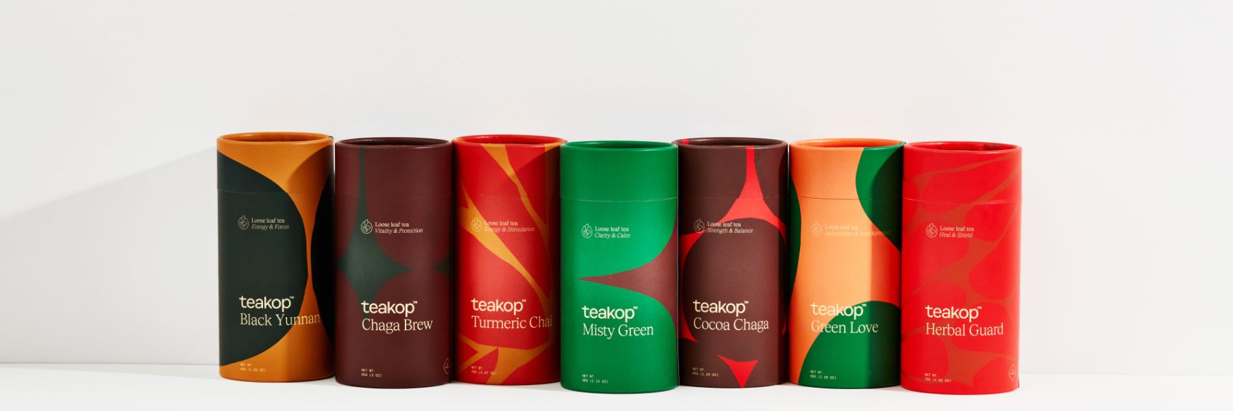 The teakop tea collection lined up together